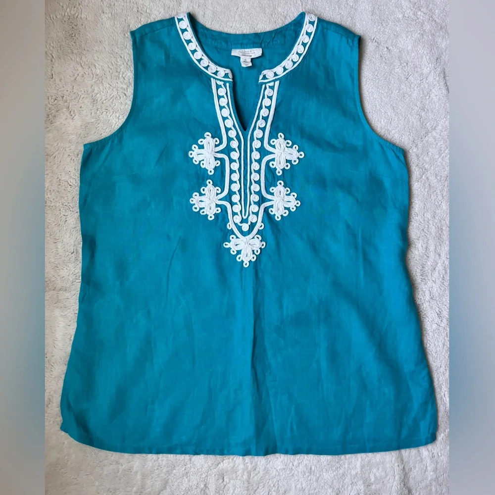 Charter Club Luxury Linen Embroidered Teal Sleeveless Top Women Size Large - Picture 3 of 8